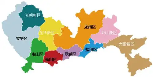 深圳下辖6个行政区和4个新区:福田区,罗湖区,南山区,盐田区,宝安区