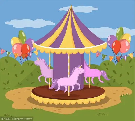 彩色旋转木马与马,在一个游乐园的矢量插图,彩色的设计元素为海报或