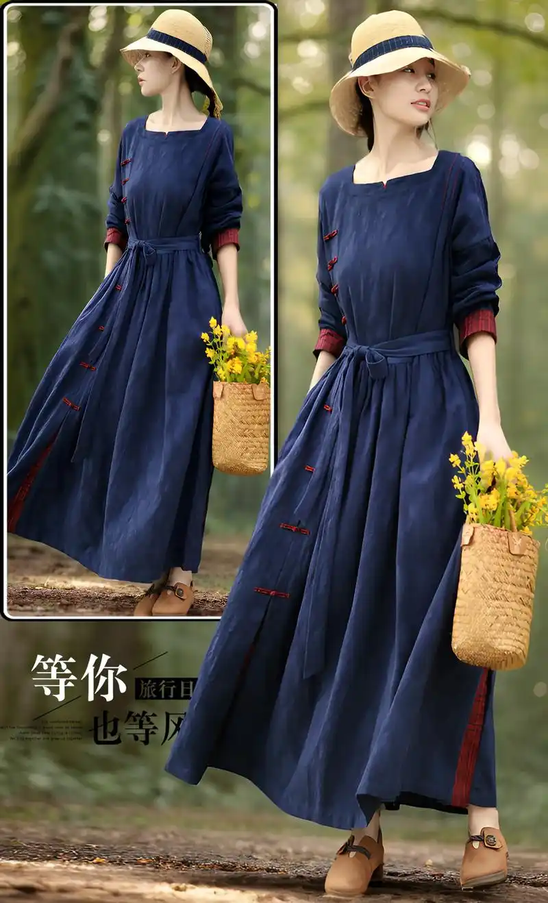 秋冬民族风棉麻连衣裙