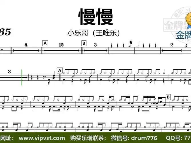 【金牌乐手】dt1828.小乐哥(王唯乐)- 慢慢 鼓谱 动态鼓谱 无鼓伴奏