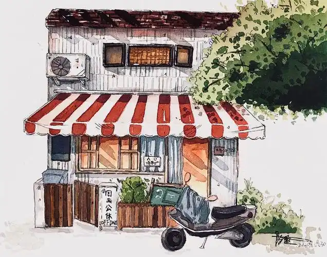水彩手绘,日式建筑,日式店铺,日式小房子,钢笔淡彩