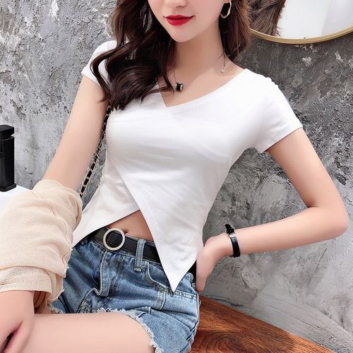 高腰白色交叉v领短款短袖t恤女夏性感漏脐装紧身肚脐衣服露脐上衣