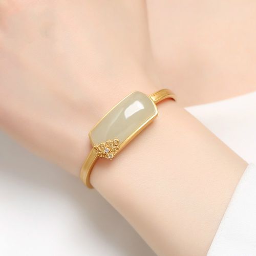 可颖和田玉平安无事牌金镶玉手镯s925古法足银开口镯子妈妈女友款礼物