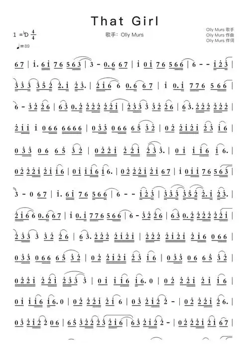 that girl智能简谱歌手:olly murs_乐谱__牛求艺网