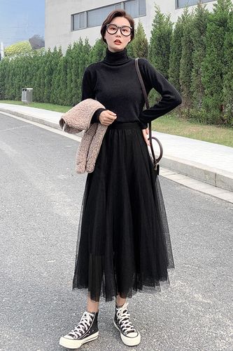 黑色纱裙女半身裙夏季小个子网纱裙中长款超仙长裙子春秋2021新款