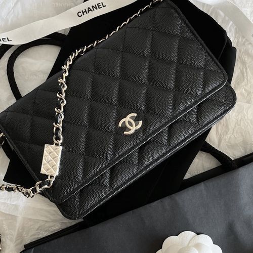 【二手99新】未使用 chanel 香奈儿 黑金荔枝皮 徽章/金属包 肩带woc