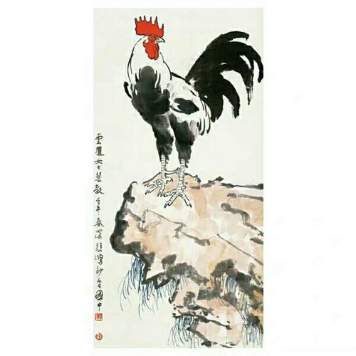 徐悲鸿雄鸡图国画作品竖版字画客厅书房装饰画名画复制品大公鸡画