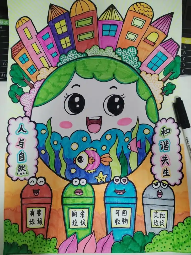 儿童画:《人与自然,和谐共生》