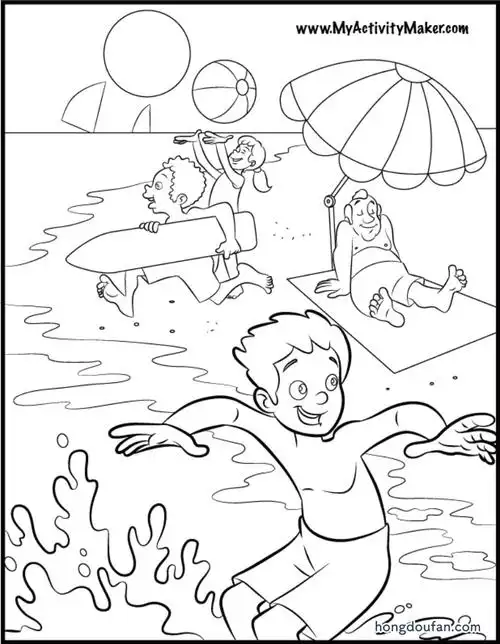 假期海滩上晒太阳的爸爸冲浪的哥哥填色图片大全-红豆饭小学生简笔画