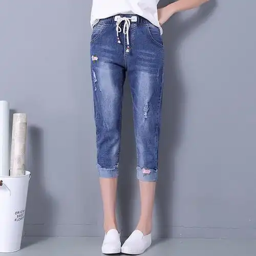 五分裤女装加肥加大夏季薄款绣花哈伦七分牛仔裤