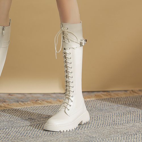 海伦馆白色靴子女2021年新款长靴不过膝马丁靴女冬加绒高筒骑士靴