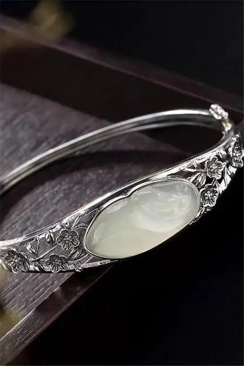 《缘》复古百搭s925纯银和田玉手镯女梅花雕刻手环银镶玉手饰