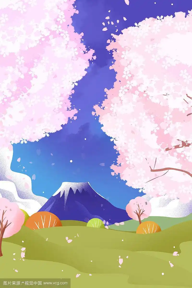 卡通手绘日本樱花富士山场景插画