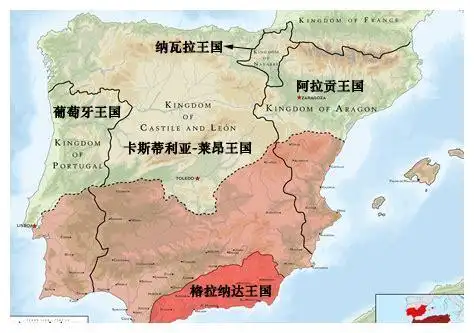 13世纪伊比利亚半岛形势图1469年,卡斯蒂利亚公主与阿拉贡王子成婚