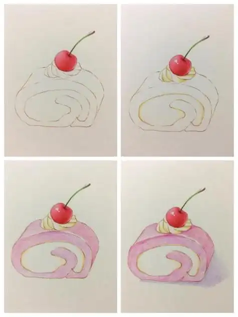 彩铅画樱桃90蛋糕含绘画步骤图蛋糕绘画彩铅简笔画文化