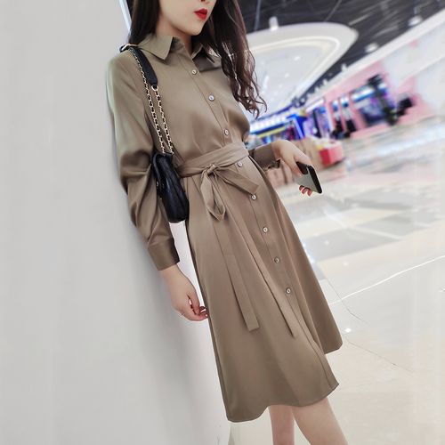 博主风简约气质高级小众设计感宽松系带收腰微胖长袖衬衫连衣裙女