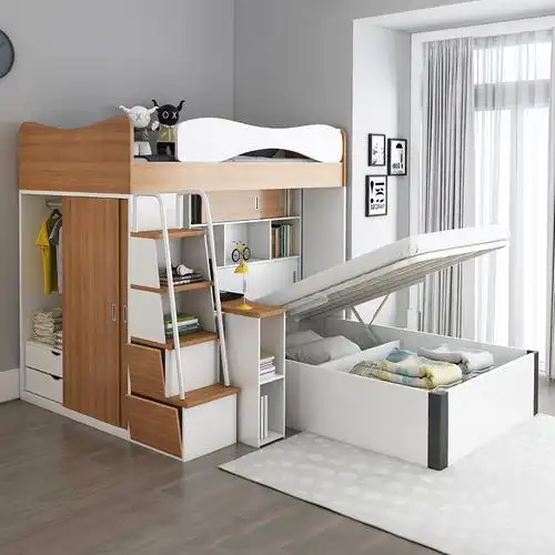 儿童高低床多功能衣柜上下床小户型书桌床一体交错式上下铺双层床