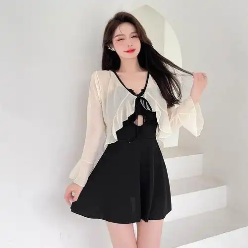 泳衣女微胖女孩连体保守防晒长罩衫显瘦遮肚泡温泉胖游泳装-阿里巴巴