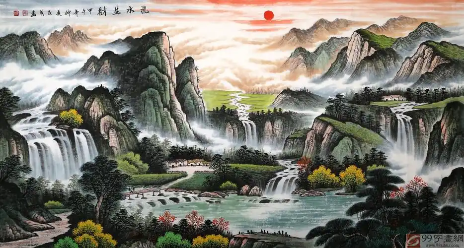 宁良成六尺风水画《流水生财》 - 聚宝盆山水画 - 99字画网