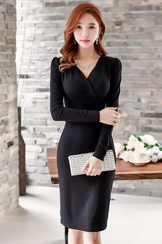 春装连衣裙黑色显瘦收腰长袖修身包臀气质名媛女装连衣裙