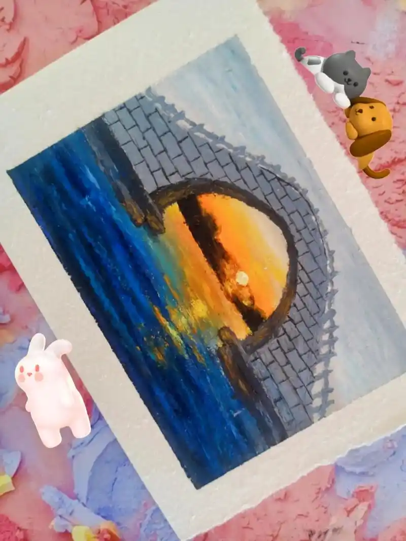 桥下夕阳风景画～#高尔乐油画棒 #油画棒教 - 抖音