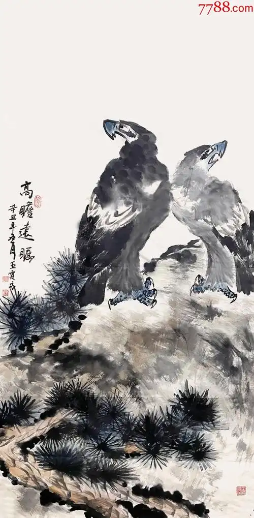 大写意3水墨鹰《高瞻远瞩》_花鸟国画原作_大开门真迹字画【7788收藏