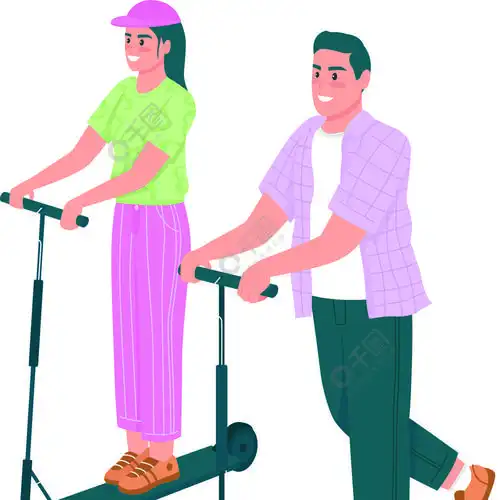 用于网页图形设计和动画快乐的男女骑电动滑板车平面彩色矢量详细字符