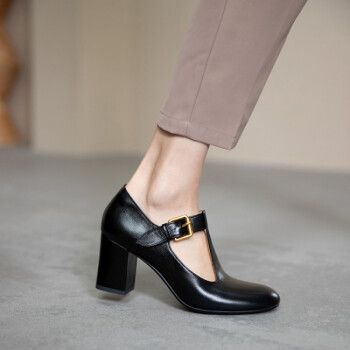 easttataet女鞋酒红色丁字高跟女鞋复古玛丽珍圆头小皮鞋专柜真皮单鞋