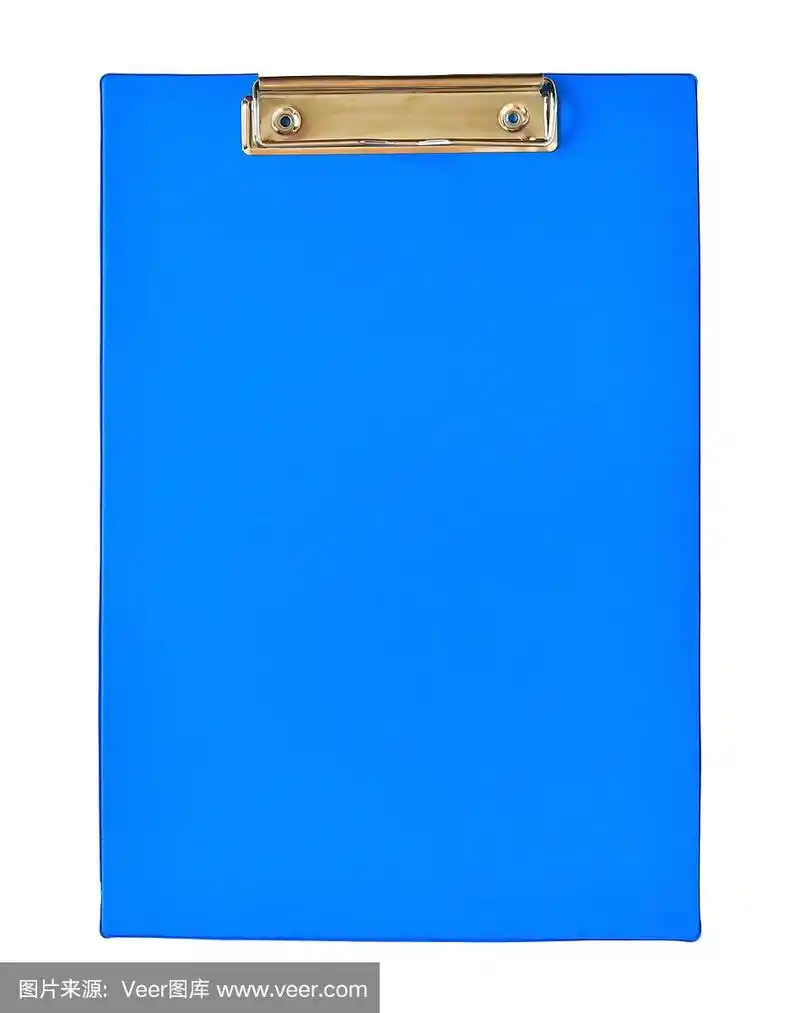 在隔离的白色背景和剪切路径上俯视图空白蓝色剪贴板.