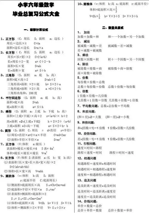 文档下载 所有分类 > 小学六年级数学毕业总复习公式大全第1 页共2 页