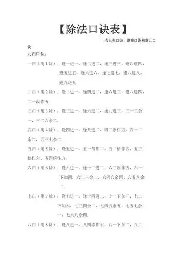 珠算除法口诀表