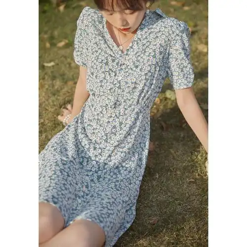 2020法式复古桔梗裙初恋裙森系v领收腰茶歇裙碎花裙小雏菊连衣裙