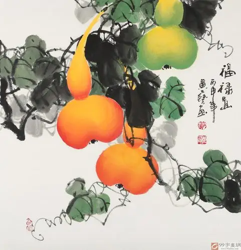 【已售】黄艺三尺斗方招财辟邪葫芦画《福禄图》