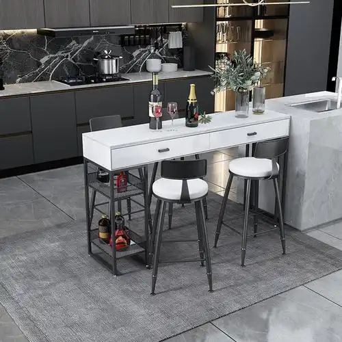 轻奢岩板网红吧台现代简约大理石一体桌椅组合靠墙吧台