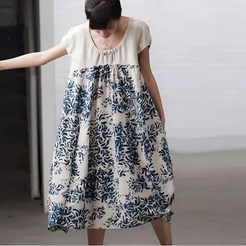棉麻世家 布衣夏新 q9910a 水墨印染拼接宽松圆领中款连衣裙