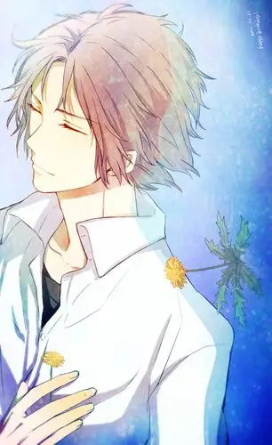 求一张动漫图片,一个男的闭着眼睛在微笑,最好时正面的,谢谢!