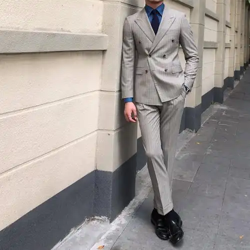 男士西装宴会复古西服条纹双排英伦