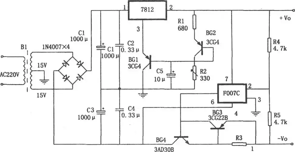 温度补偿式正负对称稳压电源(7812,f007c)_稳压电路图_新满多