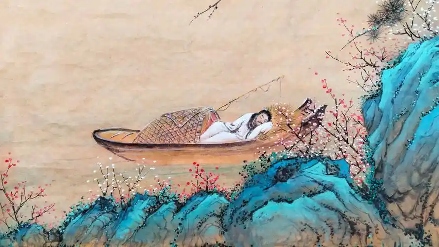 界画寒江工笔界画桃花仙人躺平图