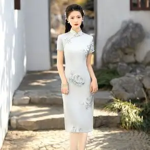 收腰显瘦素色年轻款双层醋酸旗袍高档大码妈妈装日常浅色系中长款