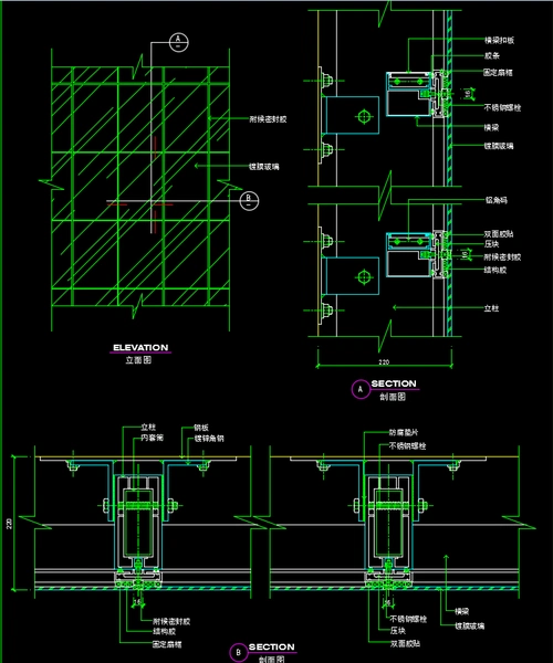 隐框玻璃幕墙与各类幕墙交接节点大样图