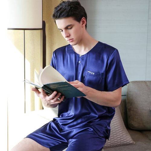 男士睡衣套装夏天套头短款冰丝丝绸薄款男式睡衣