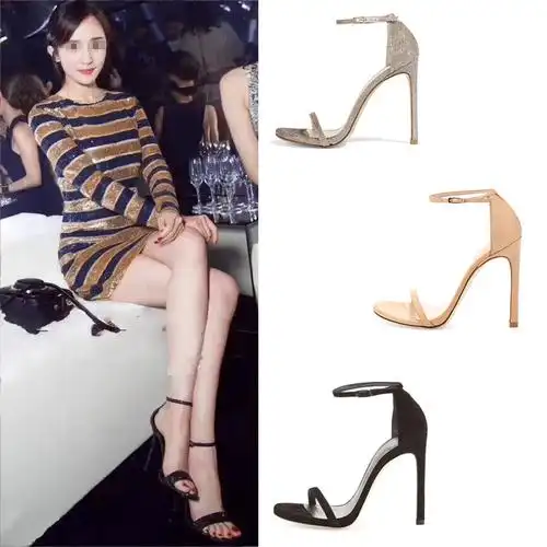 杨幂同款高跟凉鞋女夏细跟性感2020新款一字扣带露趾女鞋仙女凉鞋