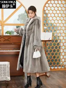 进口貂皮大衣女款整貂连帽水貂皮草裘皮外套颂伊卡2024新过膝长款