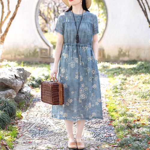 念江南别致苎麻印花收腰显瘦气质连衣裙圆领遮肚子棉麻中长款裙子
