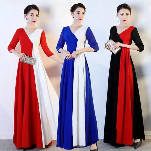 新款大合唱演出服女长裙合唱团红歌比赛服装诗朗诵成人演出礼服夏