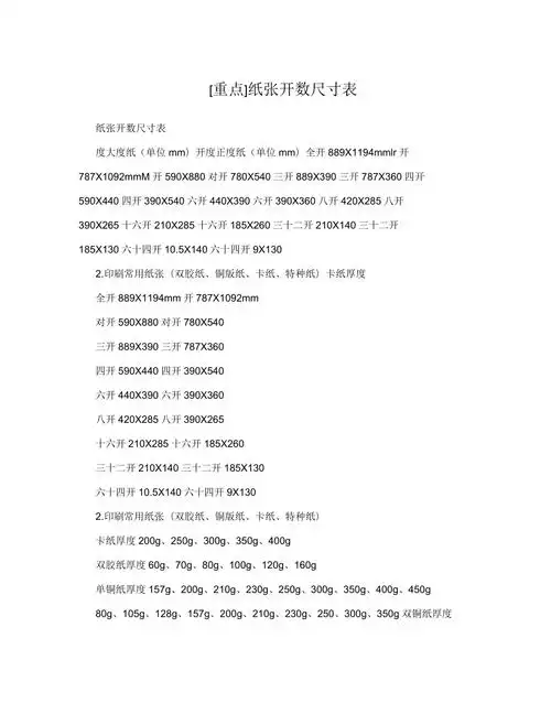 纸张开数尺寸表