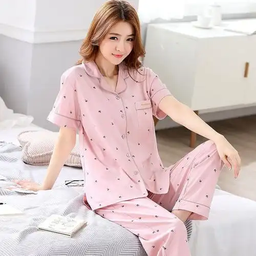 100%纯棉睡衣女夏短袖长裤套装薄款半袖大码家居服-阿里巴巴