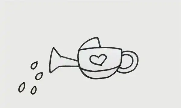 爱心涂成黄色,其余部位涂成红色,水滴涂成蓝色,一个洒水壶简笔画就