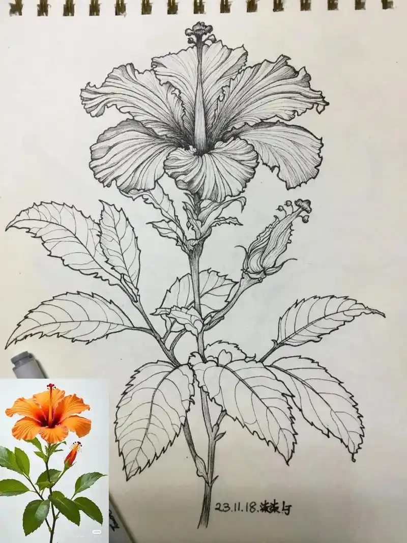 花卉针管笔手绘打卡033day.木槿花.花卉打卡,第三十三天 - 抖音